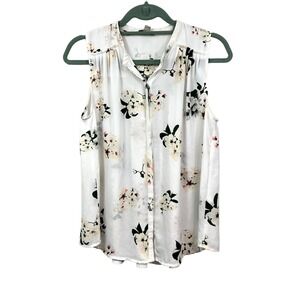 Lucky Brand Womens Floral Top Round Neck Sleeveless Flowy Pleated White Size S